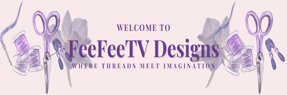 Logo for FeeFeeTV Designs with sewing-related graphics on a purple background