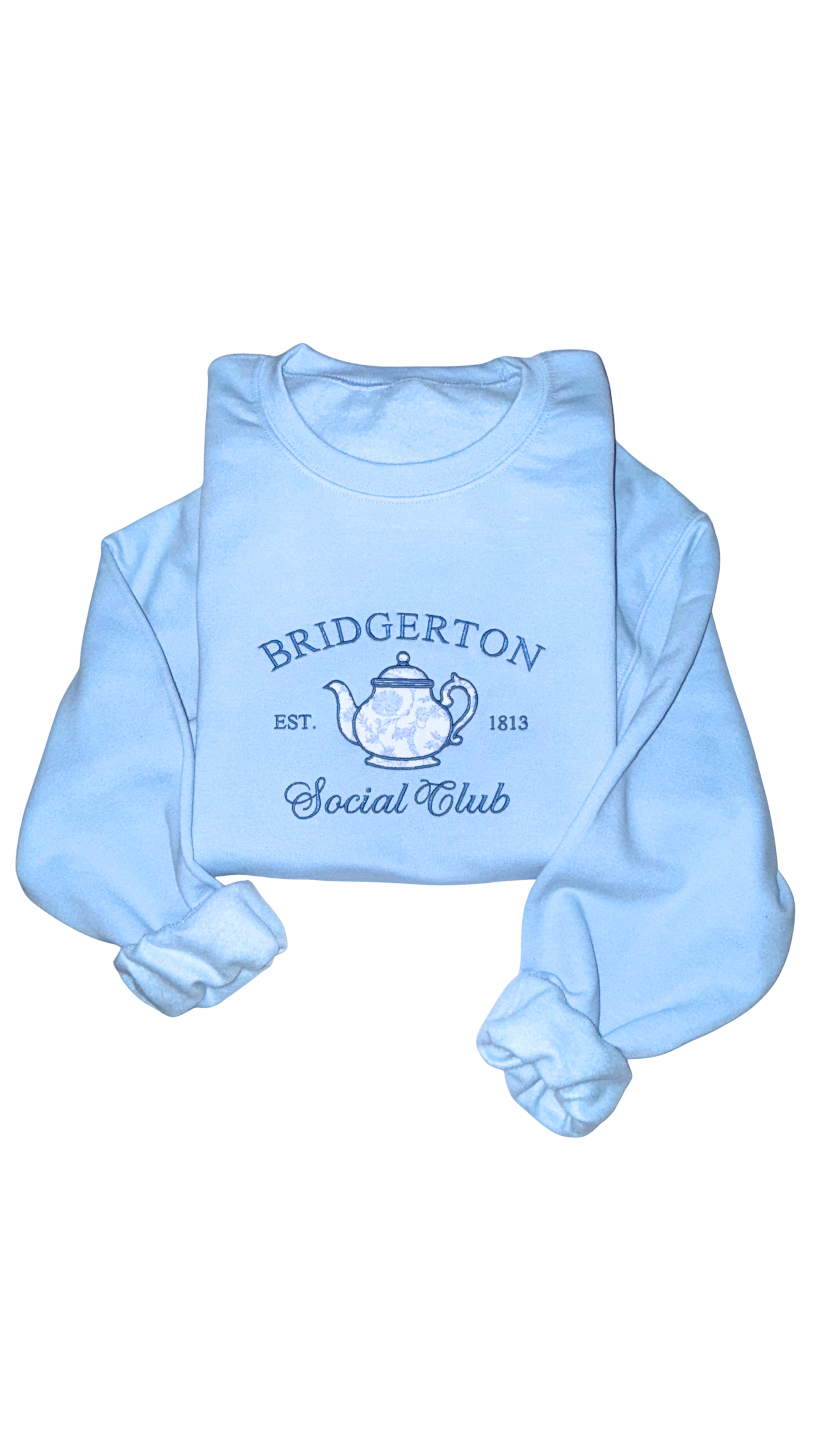 Light blue tea time Bridgerton inspired Social Club sweatshirt on white background, bookish crewneck inspired by Regency era romance readers